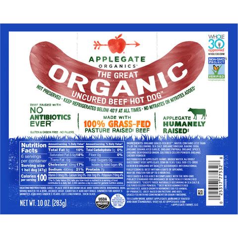 Applegate Organic Beef Hot Dog Uncured, 6 count